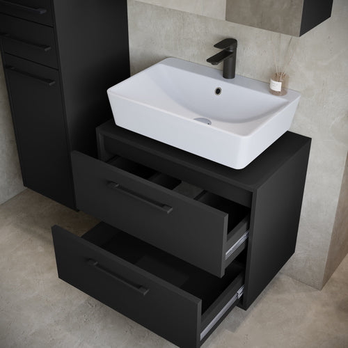 Badplaats Wastafelkast Set Florence 60 x 35 cm – Mat Zwart – Badmeubel met Spiegelkast en Kolomkast