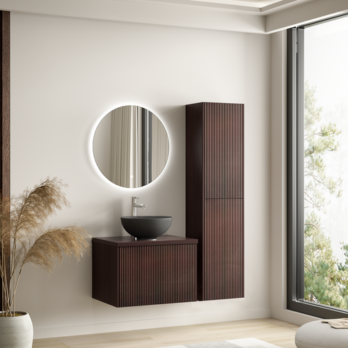 LOMAZOO badkamermeubel Messina - geribbeld - zwevend - opbouw - zwarte waskom - walnoot - 60 cm