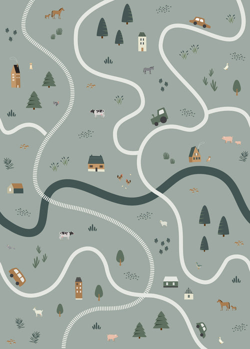 ESTAhome fotobehang tractoren en boerderijdieren vergrijsd groen - 200 x 279 cm - 159056 - vtwonen shop