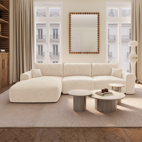 Premium Interiors - Linkshoekbank met slaapfunctie en opbergruimte COMO - bouclé-stof crème 297cm