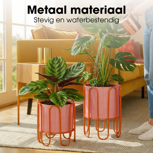 Mica Decorations Dione Bloempot op Standaard – Set van 2 – Plantenpot voor Bloemen en Kamerplanten – Bloempotten voor Binnen – IJzer – Roze