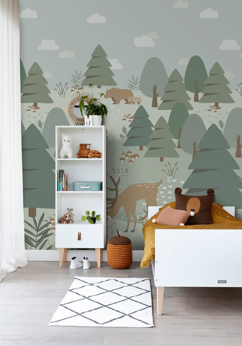 ESTAhome fotobehang bos met bosdieren groen - 200 x 279 cm - 159257
