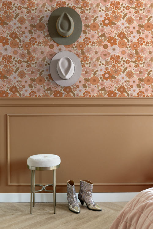 ESTAhome behang retro bloemen terracotta roze en oranje - 53 cm x 10.05 m - 130962