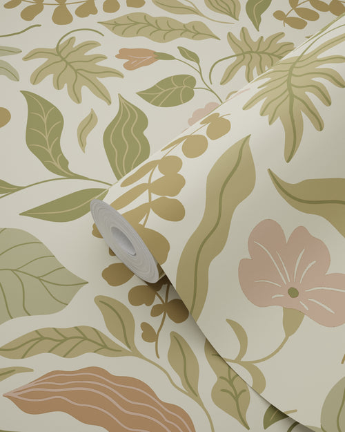 ESTAhome behang bladeren en bloemen olijfgroen, terracotta en roze - 50 x 900 cm - 131052 - vtwonen shop