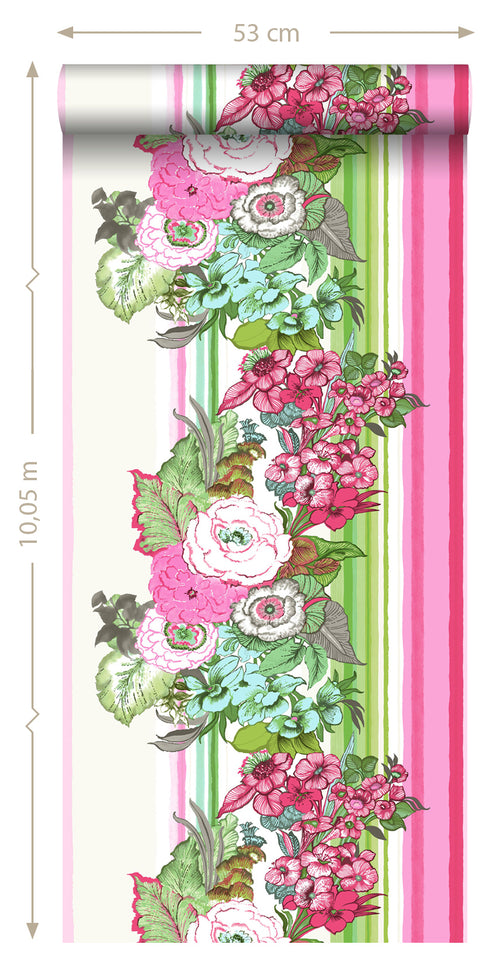 ESTAhome behang vintage bloemen roze en limegroen - 53 cm x 10,05 m - 138115 - vtwonen shop