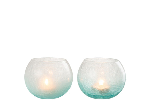 J-Line windlicht Bol Craquelé - glas - blauw - medium - 2 stuks