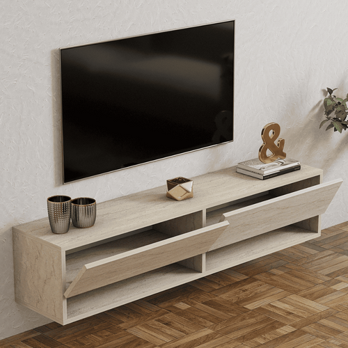 CALICOSY - Hangend tv-meubel met 2 klepdeuren ARGES - Beige - 30x141x31 cm