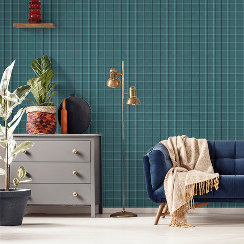 Sanders & Sanders behang ruiten petrolgroen - 53 cm x 10 m - 640357