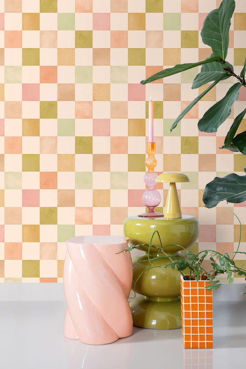 ESTAhome behang geblokt motief beige, roze en groen - 50 x 900 cm - 131721