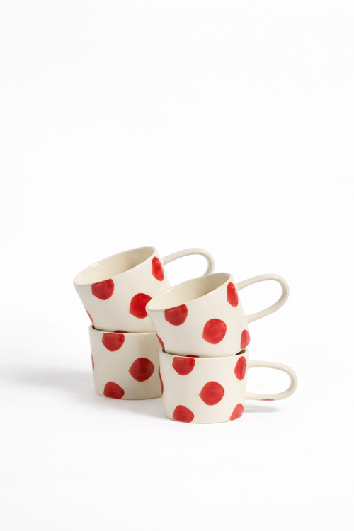 vtwonen - Mokken - Stippen - Rood - Keramiek - 350ml - Set van 4
