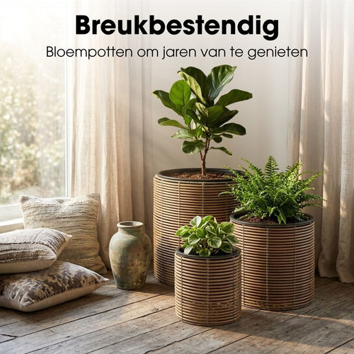 Mica Decorations Cesena Bloempot – Set van 3 – Plantenpot voor Bloemen en Kamerplanten – Bloempotten voor Buiten – Gerecycled Plastic – Lichtbruin