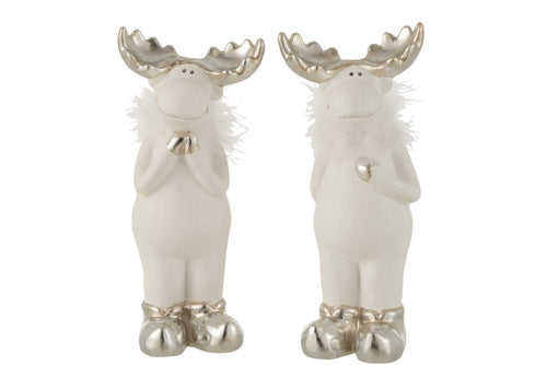 J-Line kerstfiguur Rendier - keramiek - wit/zilver - large - 2 stuks
