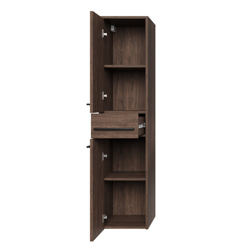 Badplaats Badkamerkast Florence 30 x 35 x 130 cm – Walnoot Bruin – Hangende Kolomkast met 2 Deuren en 1 Lade