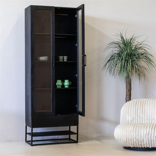 Giga Meubel Vitrinekast Myron - Mangohout - Zwart - 80x40x220cm - vtwonen shop