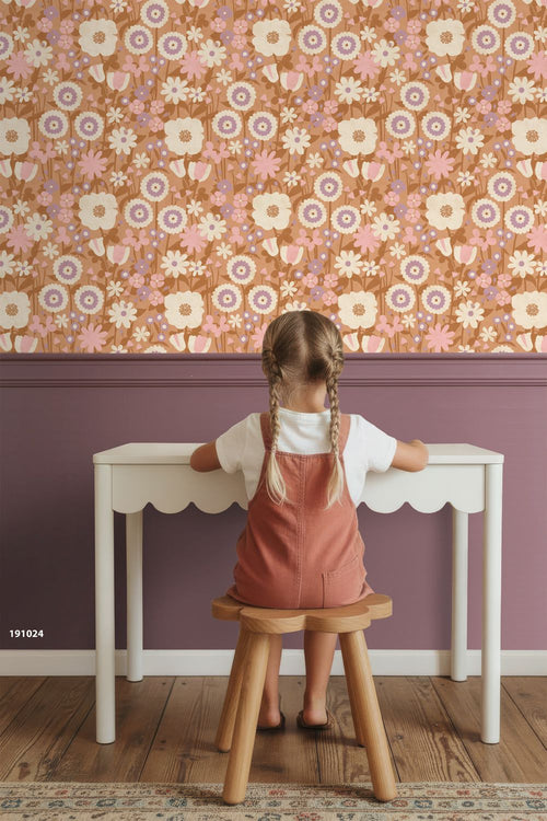 ESTAhome behang retro bloemen terracotta bruin, roze en paars - 50 x 900 cm - 132161
