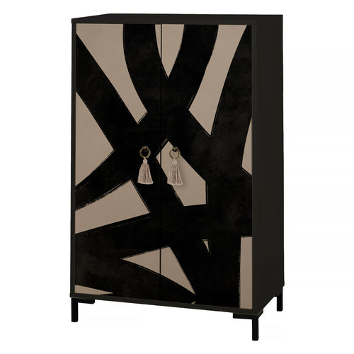 Dressoir van MDF met 2 decoratieve deuren, grafisch zwart-taupe motief