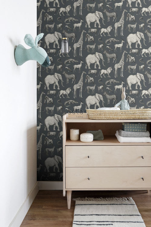 ESTAhome behang jungle dieren vergrijsd blauw en grijs - 53 cm x 10.05 m - 139272