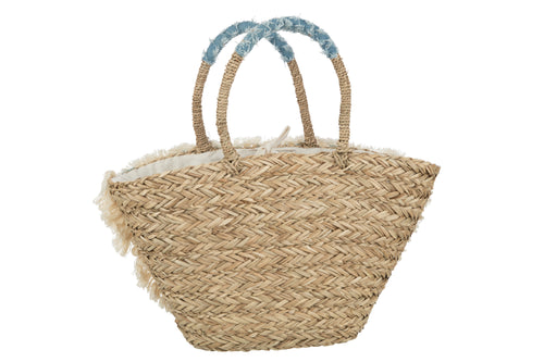 J-Line strandtas Bloemen + Franjes Denim - zeegras - naturel/blauw - vtwonen shop