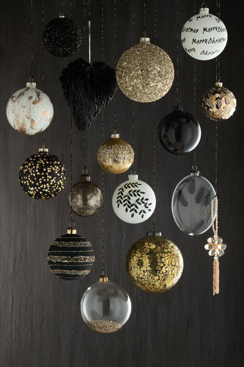 J-Line kerstbal Glitter - kunststof - zwart/goud - small - 6 stuks