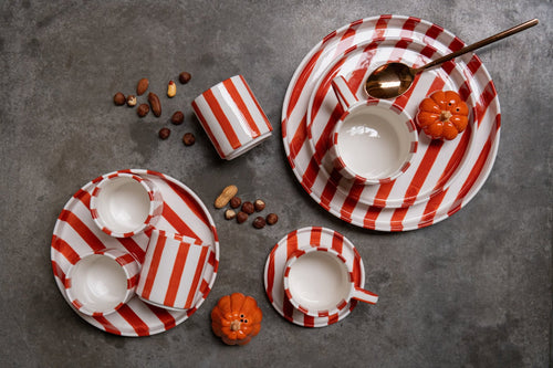 J-Line kopje + schoteltje Gestreept - steengoed - cognac/wit - 4 stuks