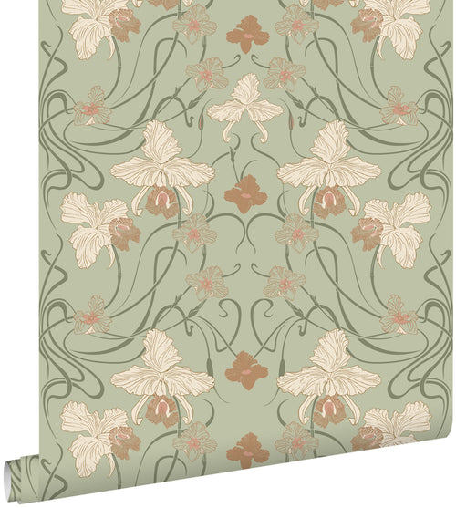 ESTAhome behang vintage bloemen in art nouveau stijl vergrijsd groen en terracotta - 53 cm x 10.05 m - 139667 - vtwonen shop