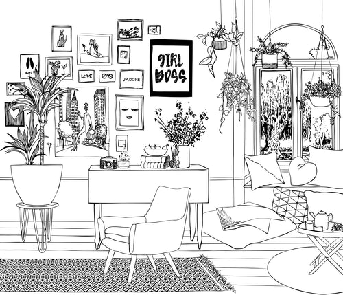 ESTAhome fotobehang tekening woonkamer zwart wit - 325.5 x 279 cm - 159097