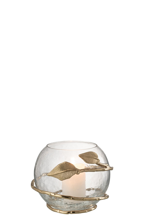 J-Line vaas Blad Schaal -  glas/ijzer -transparant/goud - Ø 10 cm