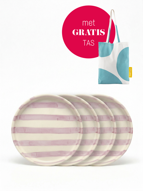 vtwonen - Gebaksbord - Strepen - Lila - Keramiek - 13cm - Set van 4