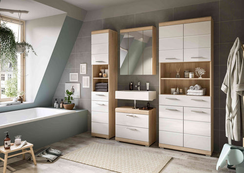 Furnilux Badkamercombinatie Lambada Met Hoge Kast Eik/Wit Hoogglans 186 Cm 4-Delig
