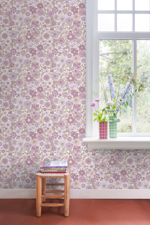 ESTAhome behang retro bloemen lila paars - 50 x 900 cm - 131248 - vtwonen shop