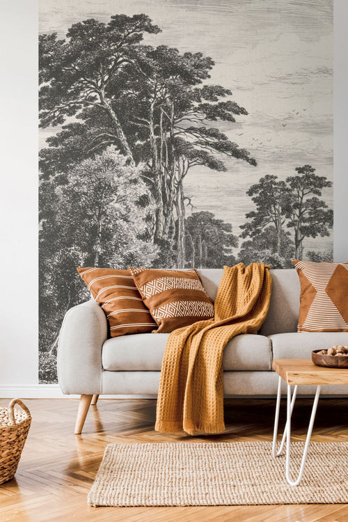 ESTAhome fotobehang bosrijk landschap zwart wit - 186 x 279 cm - 158886 - vtwonen shop