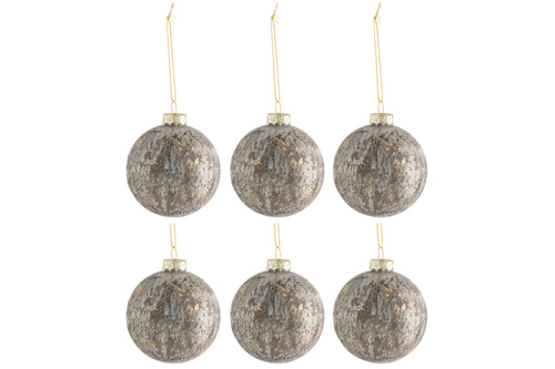 J-Line kerstbal - fluweel/glas - grijs/goud - small - doos van 6