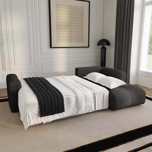 Premium Interiors - Rechthoekige hoekbank met slaapfunctie en opbergruimte VIBE - bouclé-stof grafietgrijs 286cm