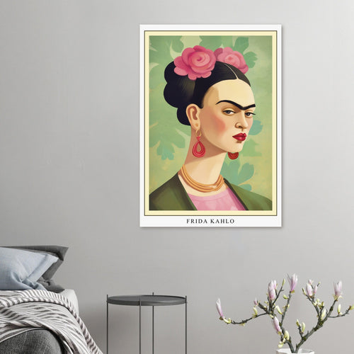 Artfulprints Poster met Lijst Frida Kahlo - Floral icon portrait   - 50x70 cm - Groen