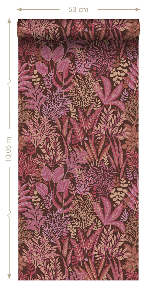 ESTAhome behang tropische bladeren en bloemen aubergine paars en roze - 50 x 900 cm - 131664 - vtwonen shop