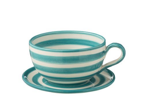 J-Line kopje + schoteltje Granada Stripes - keramiek - wit/aqua - vtwonen shop