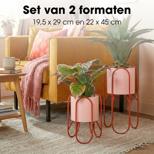 Mica Decorations Donau Bloempot op Standaard – Set van 2 – Plantenpot voor Bloemen en Kamerplanten – Bloempotten voor Binnen – IJzer – Roze