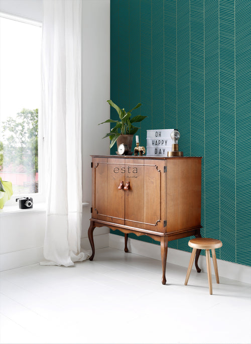 ESTAhome behang visgraat-motief smaragd groen en goud - 53 cm x 10.05 m - 139200