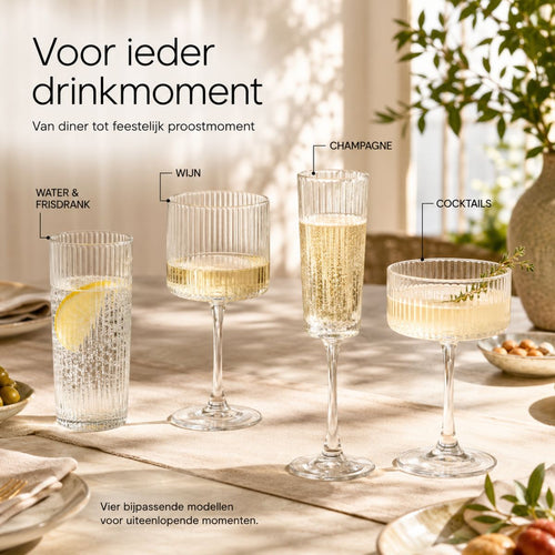 Mica Decorations Grigio Champagneglazen - Set van 6 - Transparant Glas met Ribbelstructuur - Voor Prosecco en Mousserende Dranken - H24,5 x Ø5 cm