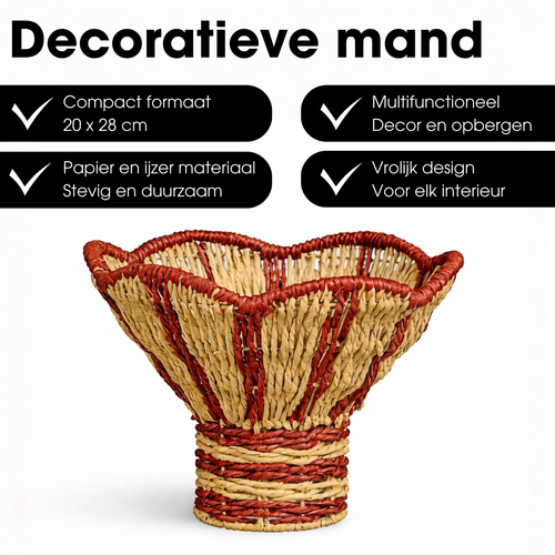 Mica Decorations Opbergmand met Handvatten - Organizer Rotan - Woondecoratie en Opbergen - H20 x Ø28 cm - Bruin, Zwart