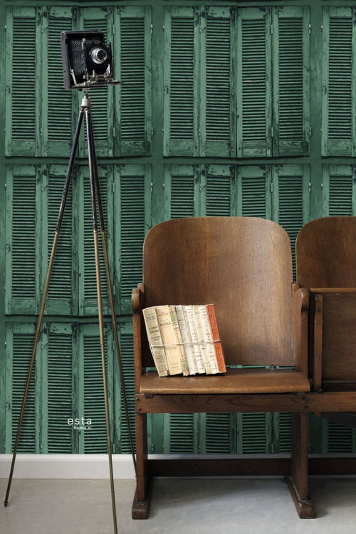 ESTAhome behang verweerde houten Franse vintage louvre luiken groen 53 cm x 10.05 m 138885