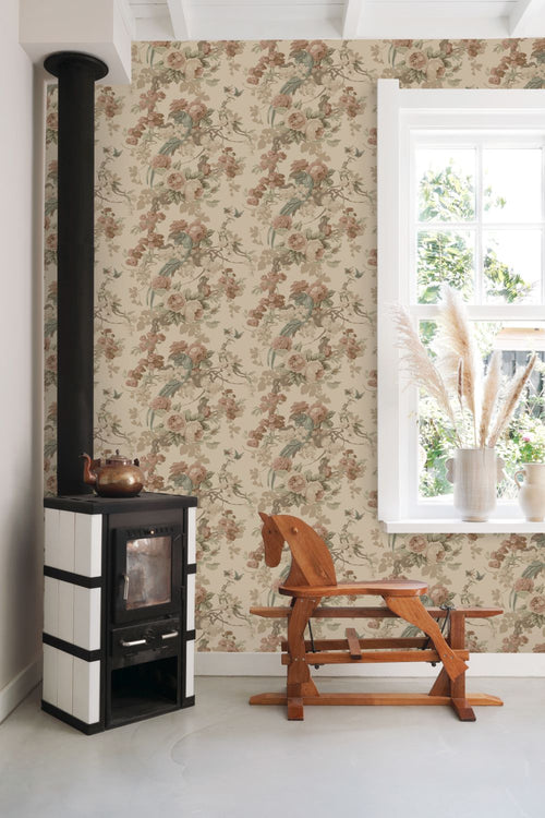 ESTAhome behang bloemen en vogels beige - 50 x 900 cm - 139808