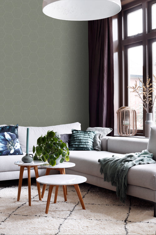ESTAhome behang hexagon vergrijsd olijfgroen - 53 cm x 10.05 m - 148751 - vtwonen shop