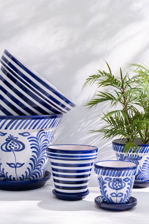 J-Line bloempot Granada Stripes Handmade + Painted - keramiek - blauw - medium - Ø 27 cm