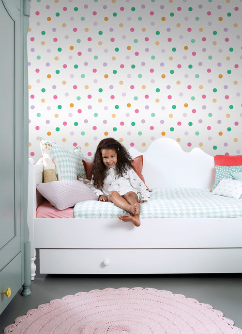 ESTAhome behang stip turquoise, paars, groen en oranje - 50 x 900 cm - 131621