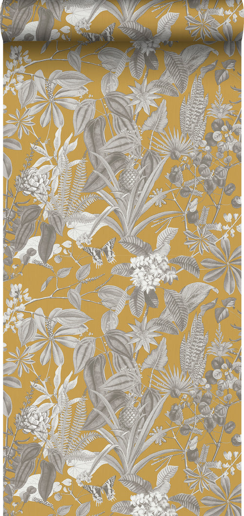 Sanders & Sanders behang tropische bladeren en bloemen okergeel en grijs - 53 cm x 10 m - 640242 - vtwonen shop