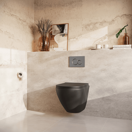 LOMAZOO hangtoiletset Linea - met inbouwreservoir & ronde drukplaat - rond - gun metal / zwart