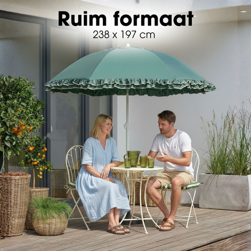 Mica Decorations Kantelbare Parasol met Ruches - Stokparasol 238 x Ø195 cm - Tuin of Balkonparasol - Polyester, Staal - Groen