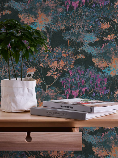 Livingwalls behang bloemmotief meerkleurig, zwart, blauw, oranje en beige - 53 cm x 10.05 m - AS-391731 - vtwonen shop