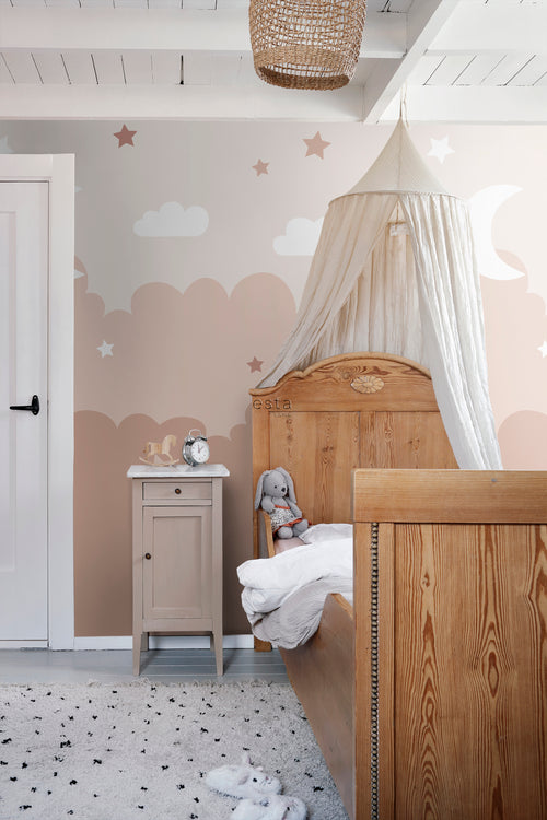 ESTAhome fotobehang wolken en sterren terracotta roze - 200 x 279 cm - 159249